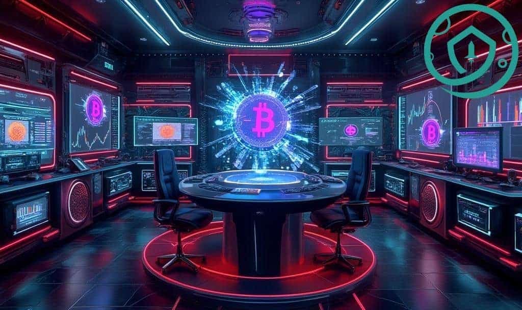 Futuristic financial hub with AI agents coordinating DeFi protocols