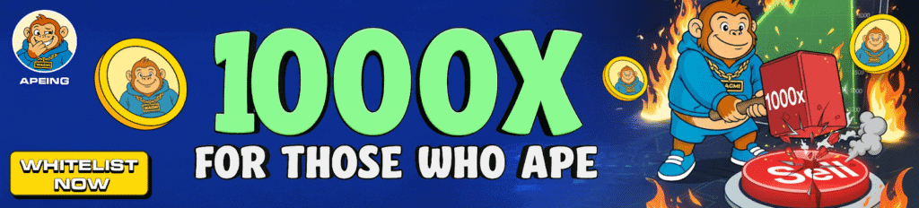 Sygnum Report Sparks Degen Frenzy: Apeing Whitelist Surges Ahead of Pudgy Penguins and ApeCoin in the Best Meme Coin Race 5 Apeing promoting a presale event