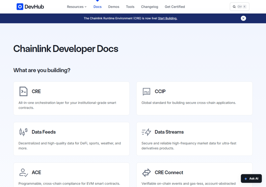 Chainlink developer documentation showing Data Feeds, CCIP, and Functions product surfaces for AI agent infrastructure