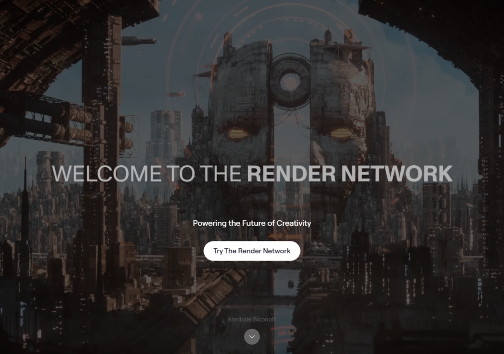 Render Network homepage showing GPU compute marketplace for AI inference and creative rendering workloads, July 2026