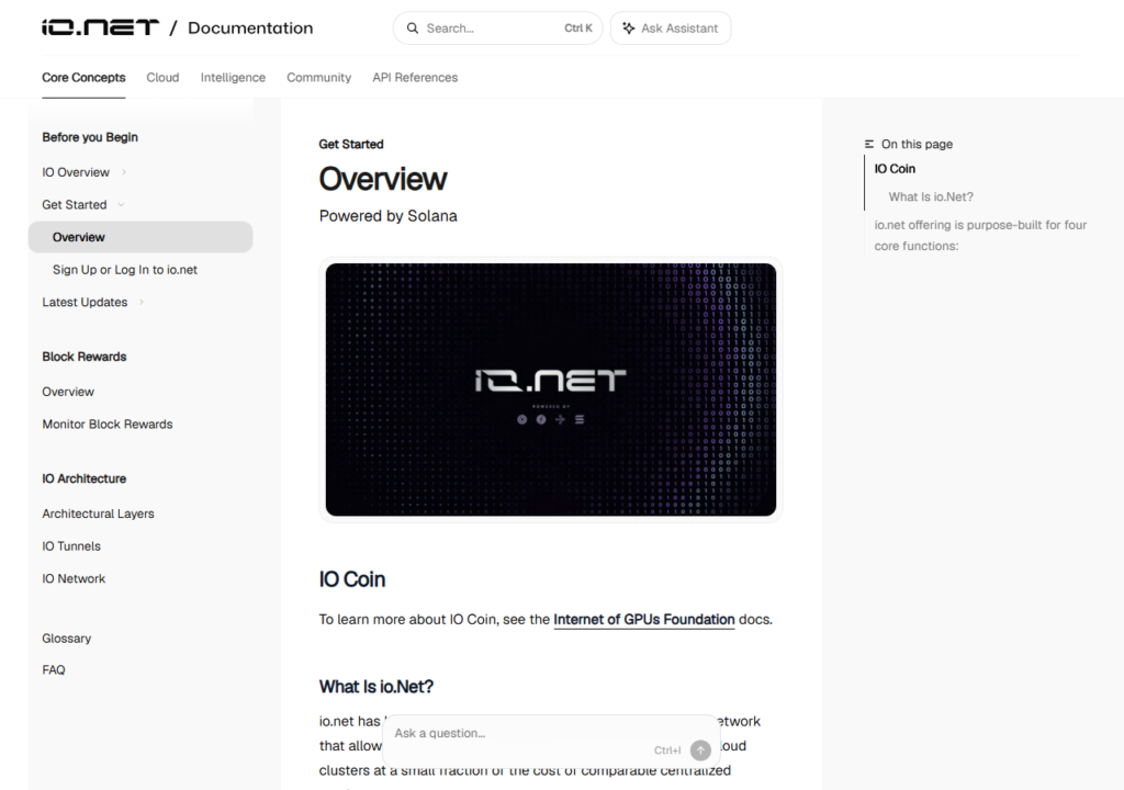 io.net documentation showing GPU cluster formation, worker coordination, and IO token utility for distributed ML infrastructure