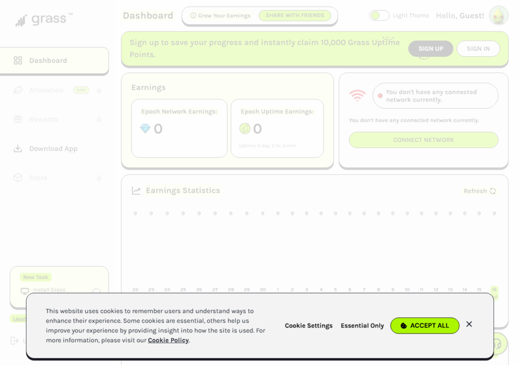 Grass browser extension interface showing active bandwidth contribution, earnings dashboard, and GRASS token reward tracking