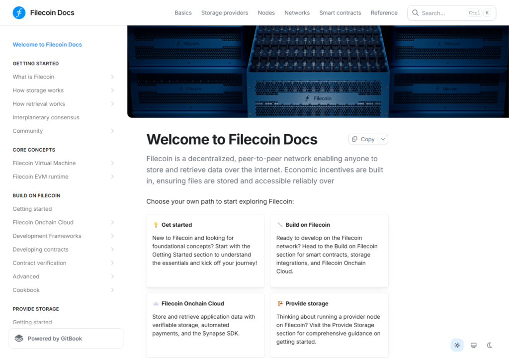 Filecoin documentation showing storage deal structure, FIL token utility, miner economics, and data availability layer for AI datasets