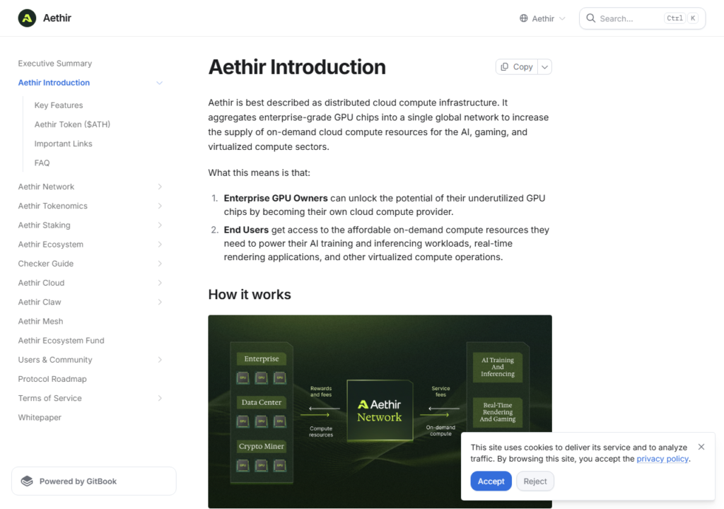 Aethir docs, July 2026 -- three-node architecture documented in enterprise terms. The documentation audience feels different from consumer-facing crypto projects.