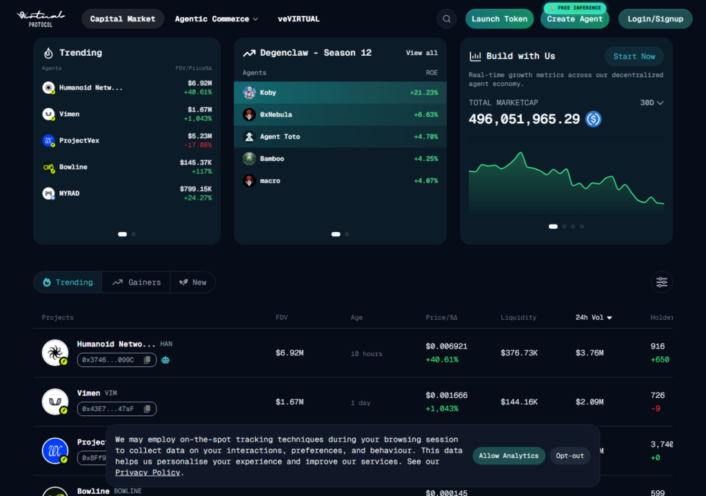 Virtuals Protocol app, July 2026 -- agent listings with token pricing visible. The marketplace is live. The question is whether usage compounds or attention fades.