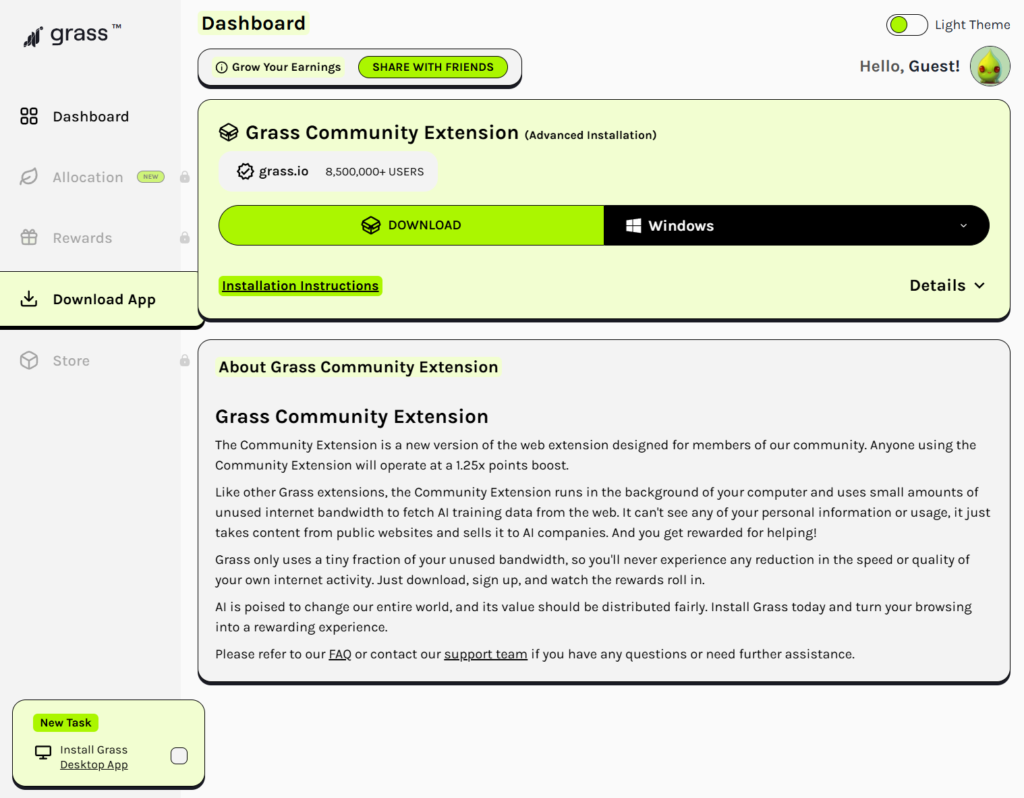 Grass extension dashboard, July 2026 -- clean onboarding, single-button contribution. The UX is fine. The reward economics are where community signal and pitch diverge.