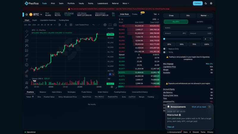 Pacifica live desktop trade terminal with BTC chart order book and order ticket