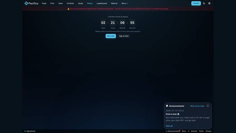 Pacifica Points page showing weekly snapshot countdown and sign in to view button