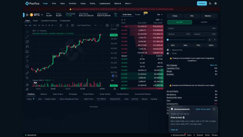 Pacifica live desktop terminal with restricted jurisdiction banner
