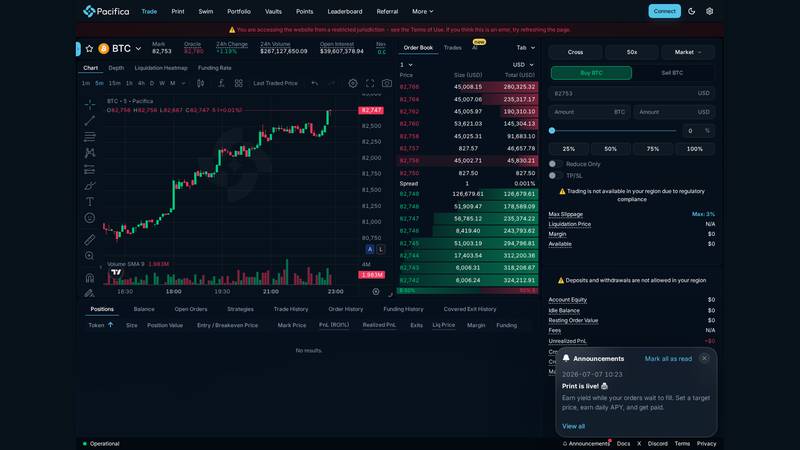 Pacifica BTC market chart with mark price oracle price volume open interest and funding