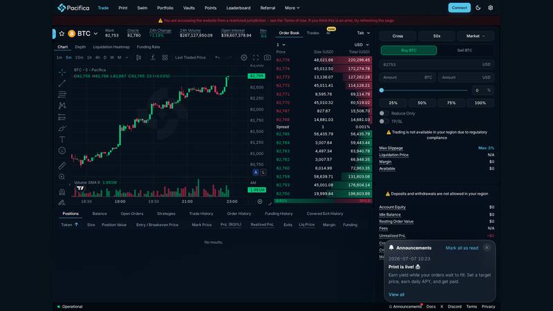 Pacifica order book and ticket showing cross margin 50x market and buy BTC controls